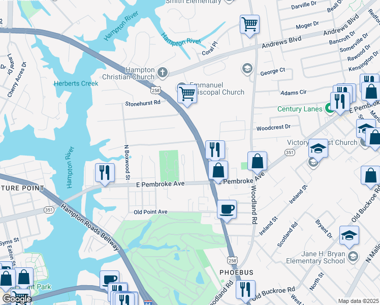 map of restaurants, bars, coffee shops, grocery stores, and more near 51 Calhoun Street in Hampton