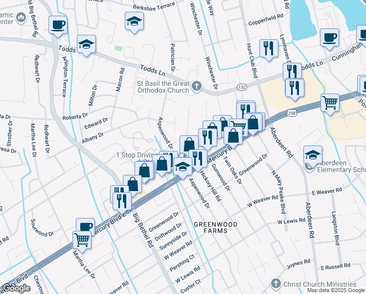 map of restaurants, bars, coffee shops, grocery stores, and more near 3002 Butternut Drive in Hampton