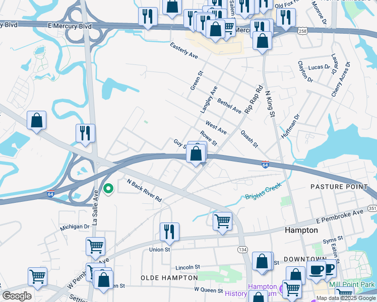 map of restaurants, bars, coffee shops, grocery stores, and more near 300 Heffelfinger Street in Hampton