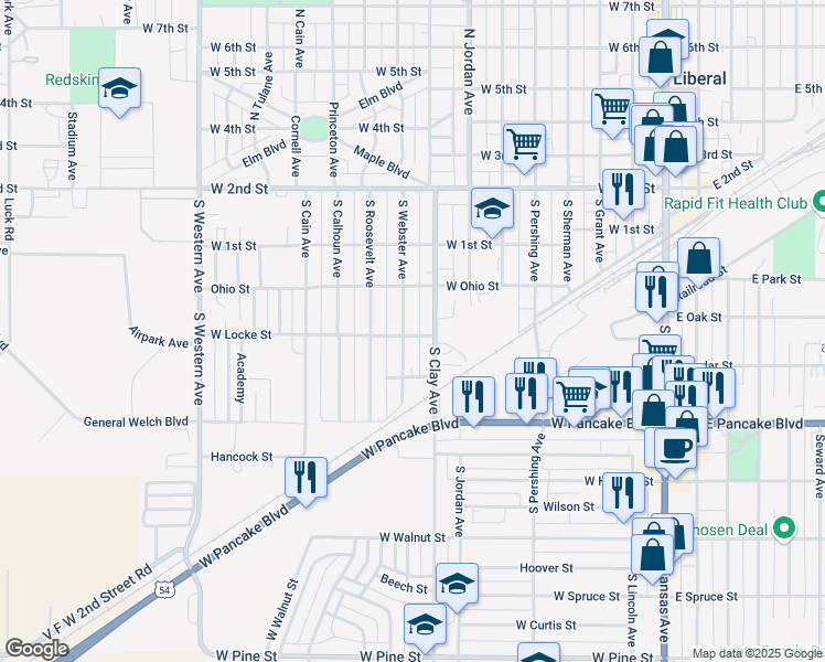 map of restaurants, bars, coffee shops, grocery stores, and more near Locke Street in Liberal