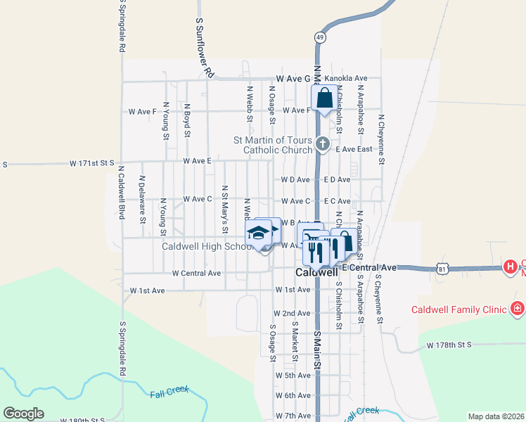 map of restaurants, bars, coffee shops, grocery stores, and more near 100-298 North Webb Street in Caldwell