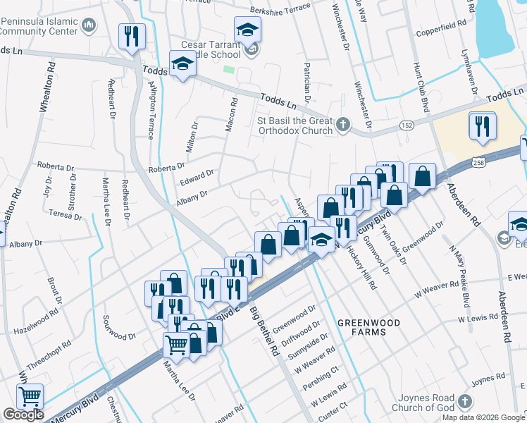 map of restaurants, bars, coffee shops, grocery stores, and more near 31 Lyford Key in Hampton