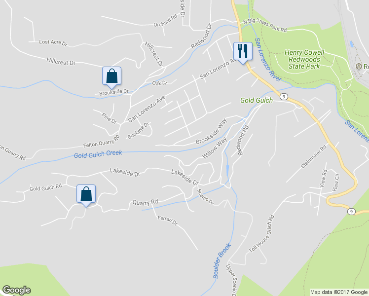 map of restaurants, bars, coffee shops, grocery stores, and more near 801 Brookside Way in Felton