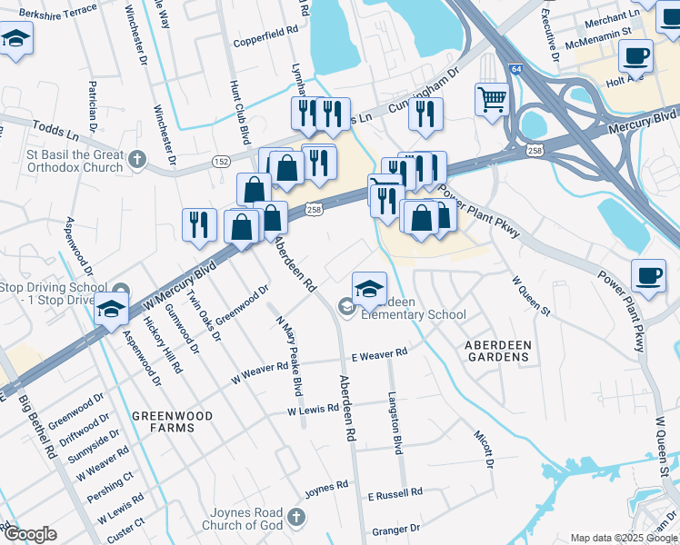 map of restaurants, bars, coffee shops, grocery stores, and more near 14 East Walker Road in Hampton