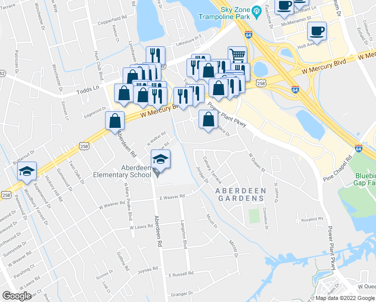 map of restaurants, bars, coffee shops, grocery stores, and more near 89-91 Jordan Drive in Hampton