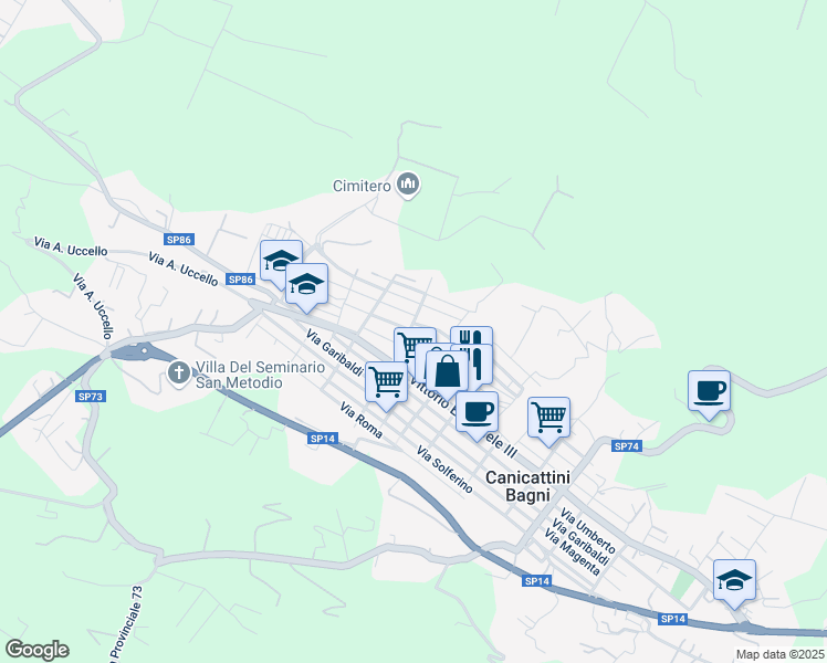 map of restaurants, bars, coffee shops, grocery stores, and more near 98 Via Principessa Jolanda in Canicattini Bagni