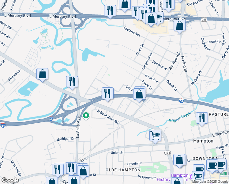 map of restaurants, bars, coffee shops, grocery stores, and more near 1211 Thomas Street in Hampton