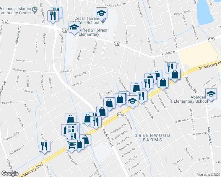 map of restaurants, bars, coffee shops, grocery stores, and more near 42 Lyford Key in Hampton