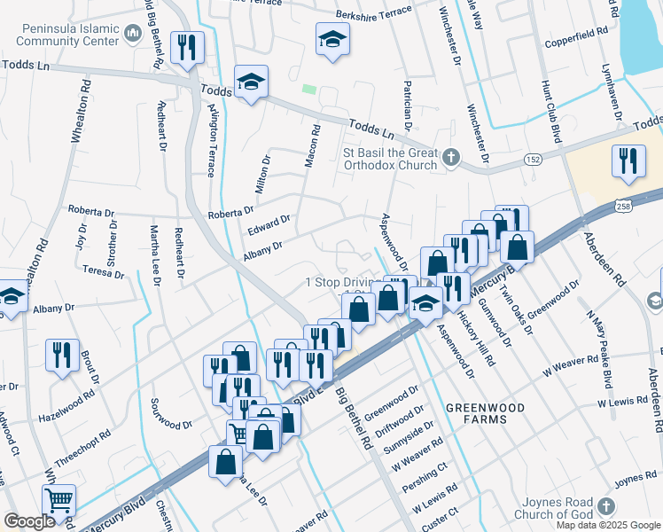 map of restaurants, bars, coffee shops, grocery stores, and more near 2900 Threechopt Road in Hampton