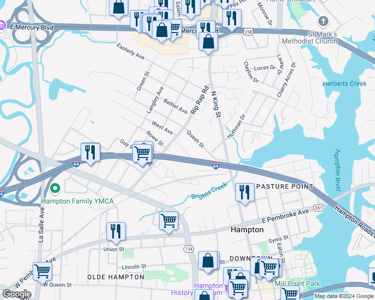 map of restaurants, bars, coffee shops, grocery stores, and more near 926 Mason Street in Hampton