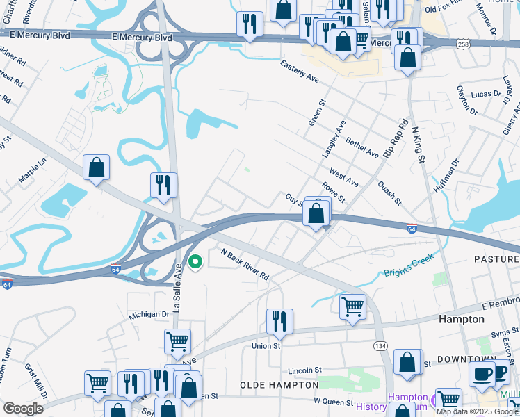 map of restaurants, bars, coffee shops, grocery stores, and more near 1211 Thomas Street in Hampton