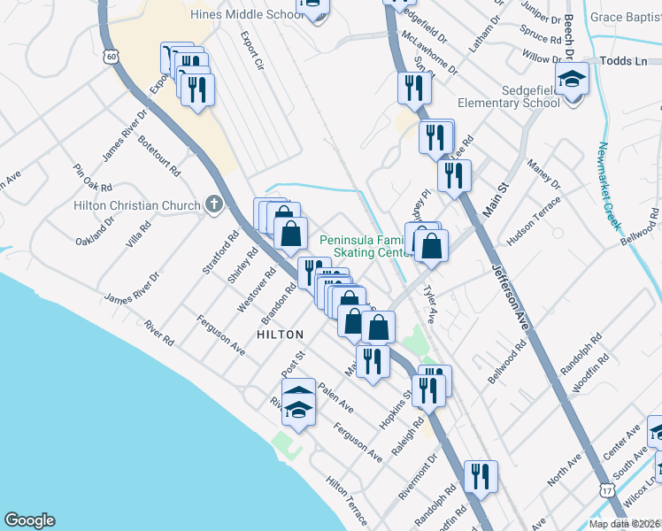 map of restaurants, bars, coffee shops, grocery stores, and more near 500 Harrison Road in Newport News