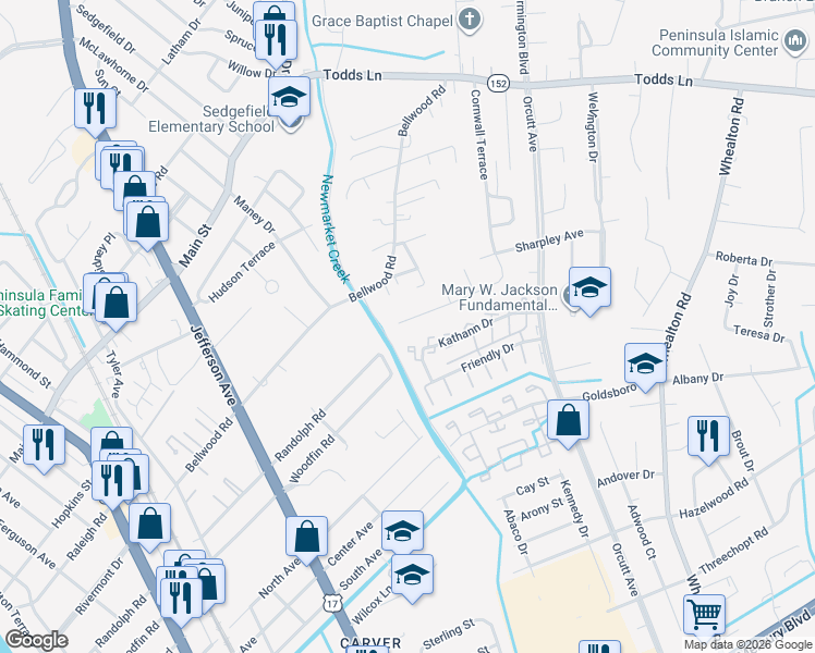 map of restaurants, bars, coffee shops, grocery stores, and more near 45 Robert's Trce in Hampton