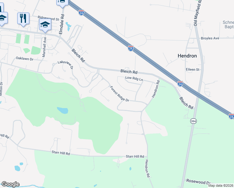 map of restaurants, bars, coffee shops, grocery stores, and more near Forest Ridge Drive in Paducah
