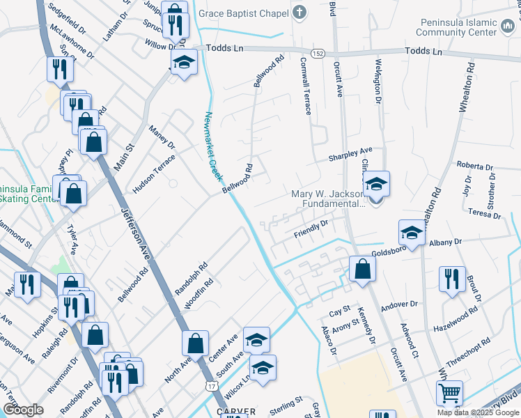 map of restaurants, bars, coffee shops, grocery stores, and more near 45 Robert's Trce in Hampton