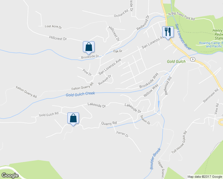 map of restaurants, bars, coffee shops, grocery stores, and more near 949 Brookside Way in Felton