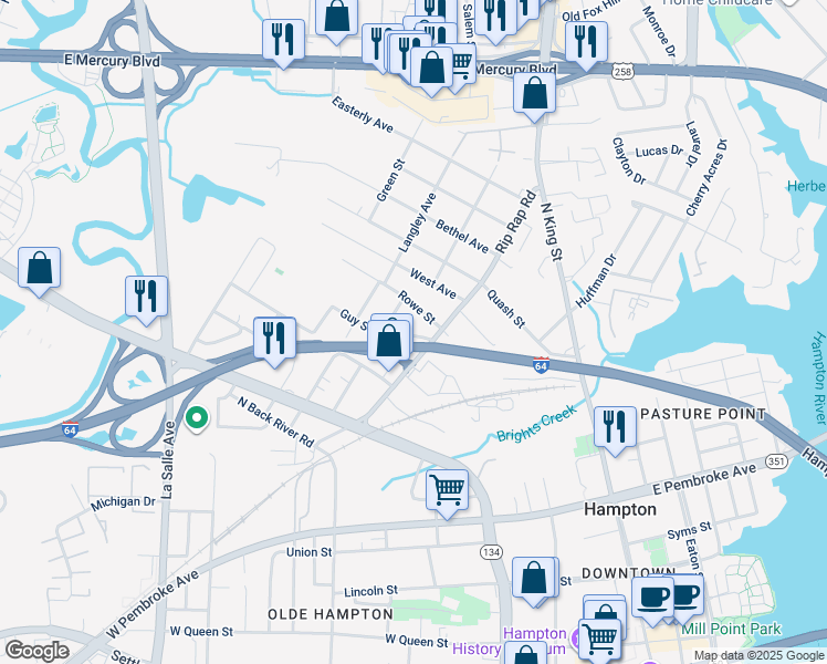 map of restaurants, bars, coffee shops, grocery stores, and more near 1002 Carver Street in Hampton