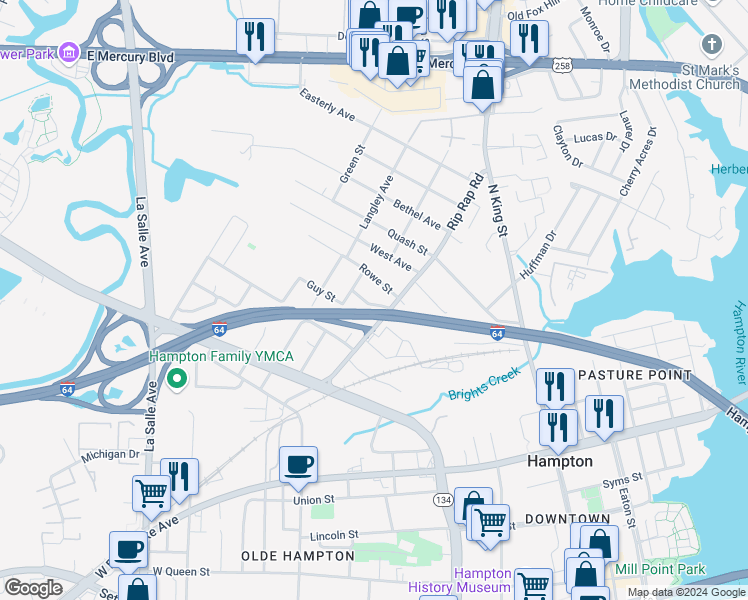 map of restaurants, bars, coffee shops, grocery stores, and more near 1002 Carver Street in Hampton