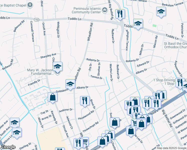 map of restaurants, bars, coffee shops, grocery stores, and more near 16 Teresa Drive in Hampton