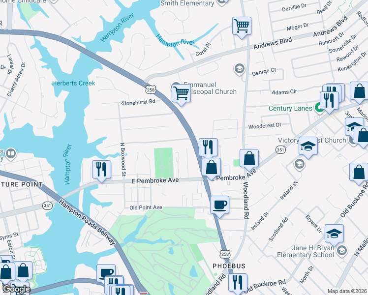 map of restaurants, bars, coffee shops, grocery stores, and more near 1115 East Pembroke Avenue in Hampton