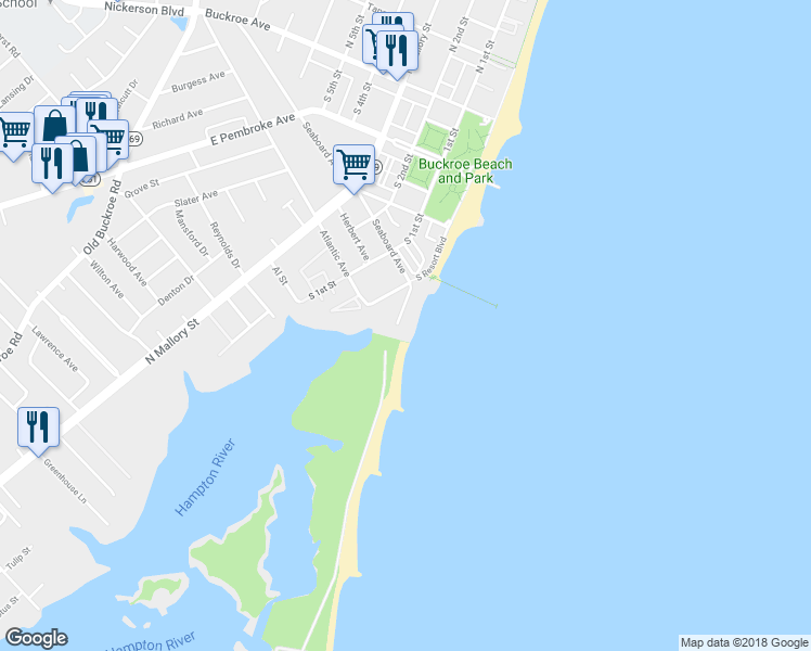 map of restaurants, bars, coffee shops, grocery stores, and more near 15 Thimble Shoals Court in Hampton