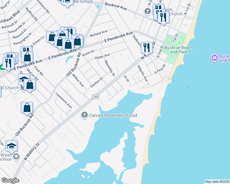 map of restaurants, bars, coffee shops, grocery stores, and more near 17 Seaview Drive in Hampton