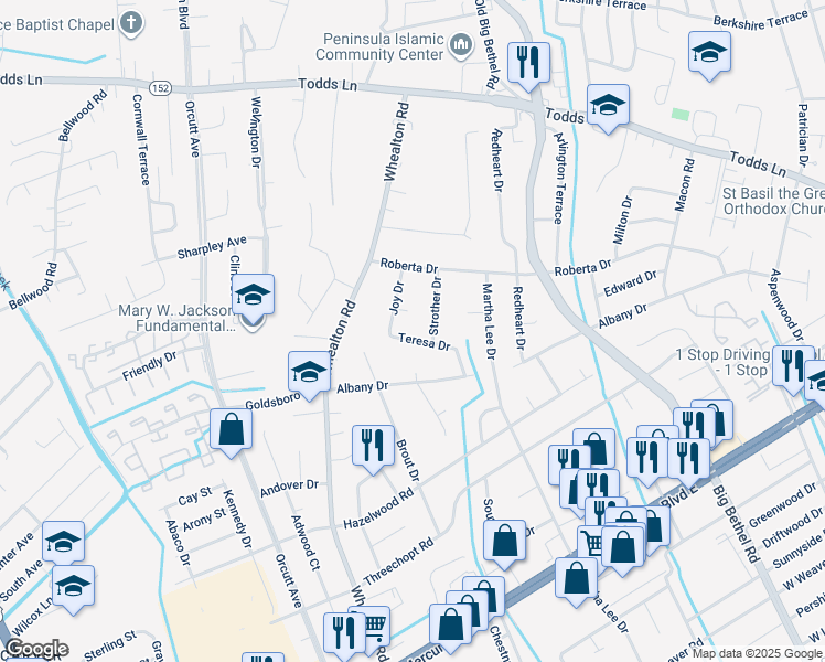 map of restaurants, bars, coffee shops, grocery stores, and more near 16 Teresa Drive in Hampton