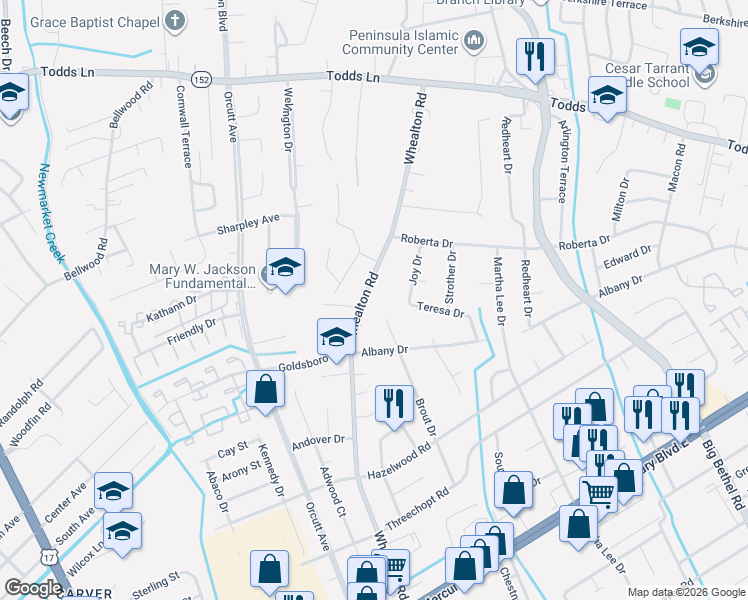 map of restaurants, bars, coffee shops, grocery stores, and more near 430 Whealton Road in Hampton
