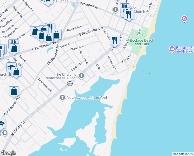 map of restaurants, bars, coffee shops, grocery stores, and more near 11 Seaview Drive in Hampton