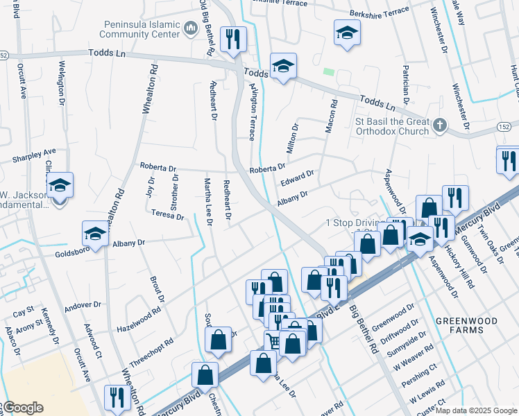 map of restaurants, bars, coffee shops, grocery stores, and more near 141 Albany Drive in Hampton