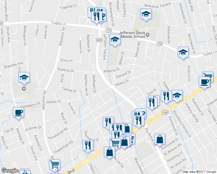 map of restaurants, bars, coffee shops, grocery stores, and more near 141 Albany Drive in Hampton