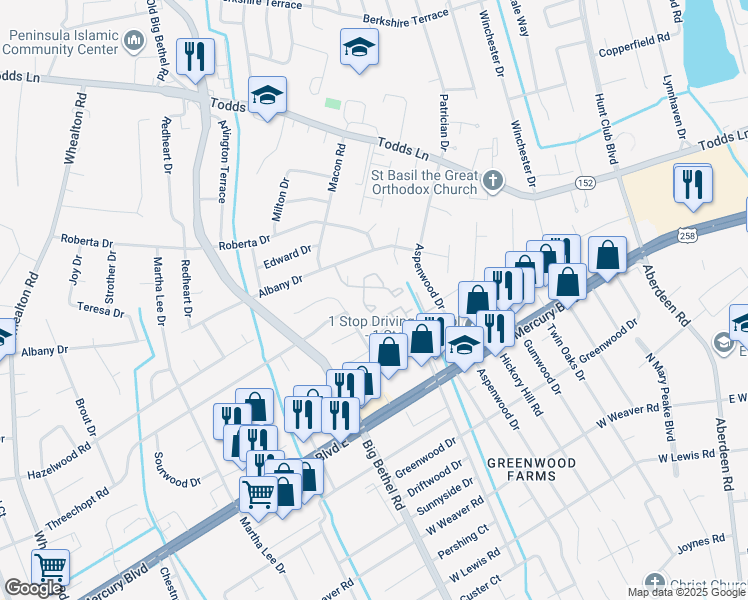 map of restaurants, bars, coffee shops, grocery stores, and more near 21 Lyford Key in Hampton