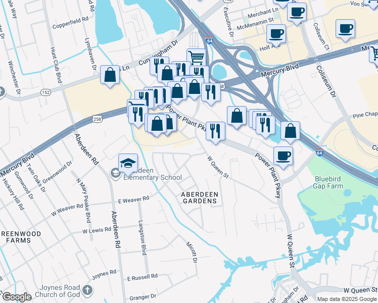 map of restaurants, bars, coffee shops, grocery stores, and more near 126 Jordan Drive in Hampton