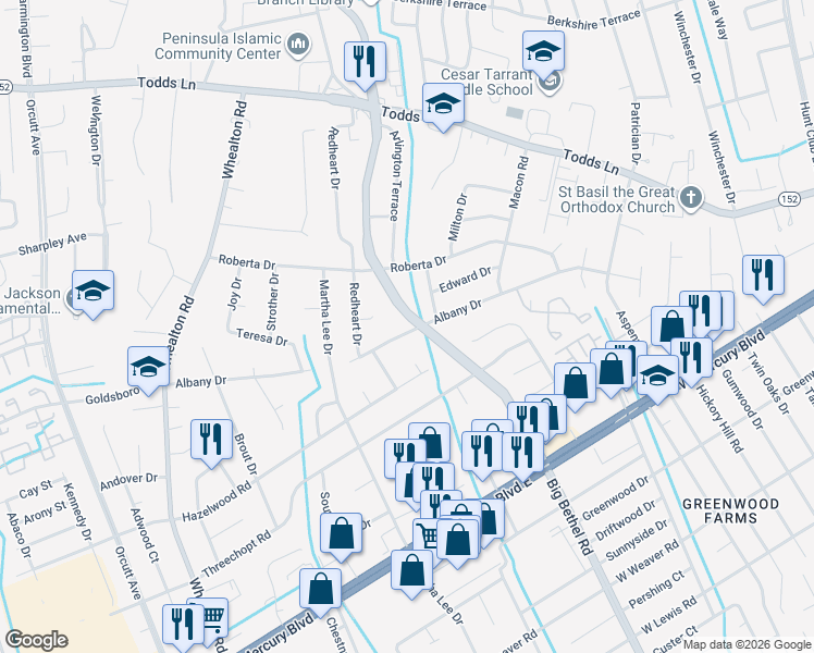 map of restaurants, bars, coffee shops, grocery stores, and more near 142 Albany Drive in Hampton