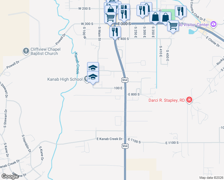 map of restaurants, bars, coffee shops, grocery stores, and more near 2 100 East in Kanab