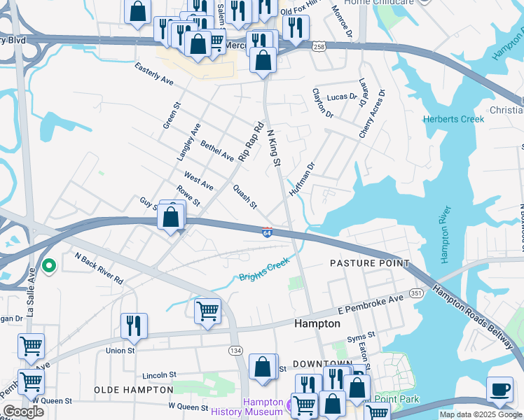 map of restaurants, bars, coffee shops, grocery stores, and more near 916 Quash Street in Hampton