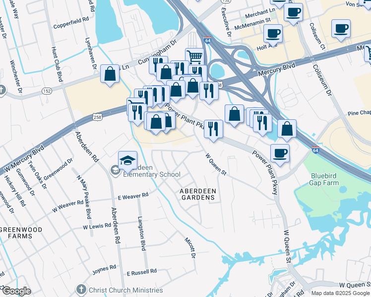 map of restaurants, bars, coffee shops, grocery stores, and more near 129 Jordan Drive in Hampton