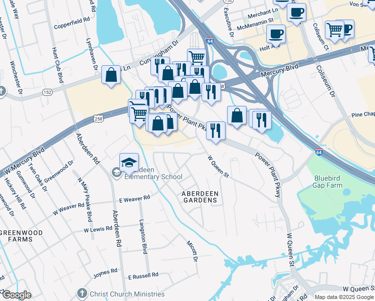 map of restaurants, bars, coffee shops, grocery stores, and more near 129 Jordan Drive in Hampton