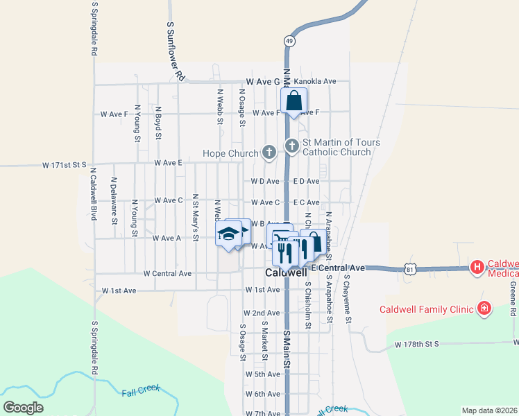 map of restaurants, bars, coffee shops, grocery stores, and more near 200-298 North Market Street in Caldwell