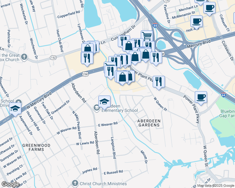 map of restaurants, bars, coffee shops, grocery stores, and more near 95 Jordan Drive in Hampton