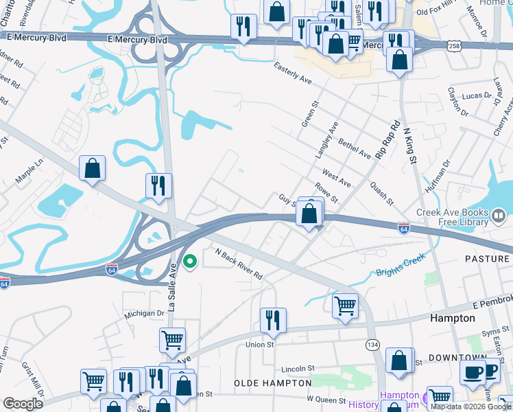 map of restaurants, bars, coffee shops, grocery stores, and more near 1209 Thomas Street in Hampton