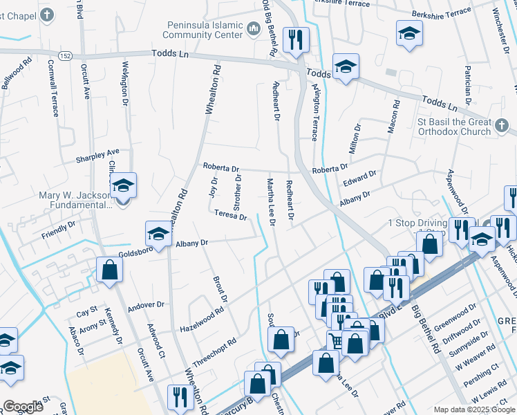 map of restaurants, bars, coffee shops, grocery stores, and more near 27 Teresa Drive in Hampton