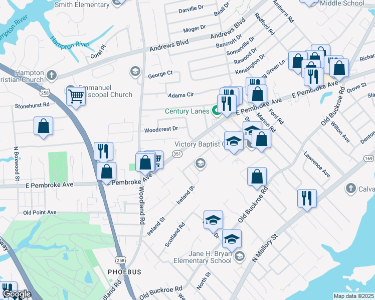 map of restaurants, bars, coffee shops, grocery stores, and more near 1444 East Pembroke Avenue in Hampton