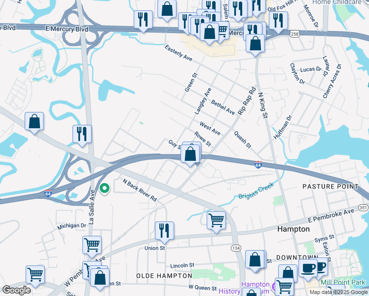 map of restaurants, bars, coffee shops, grocery stores, and more near 220 Albert E. Simpson St in Hampton