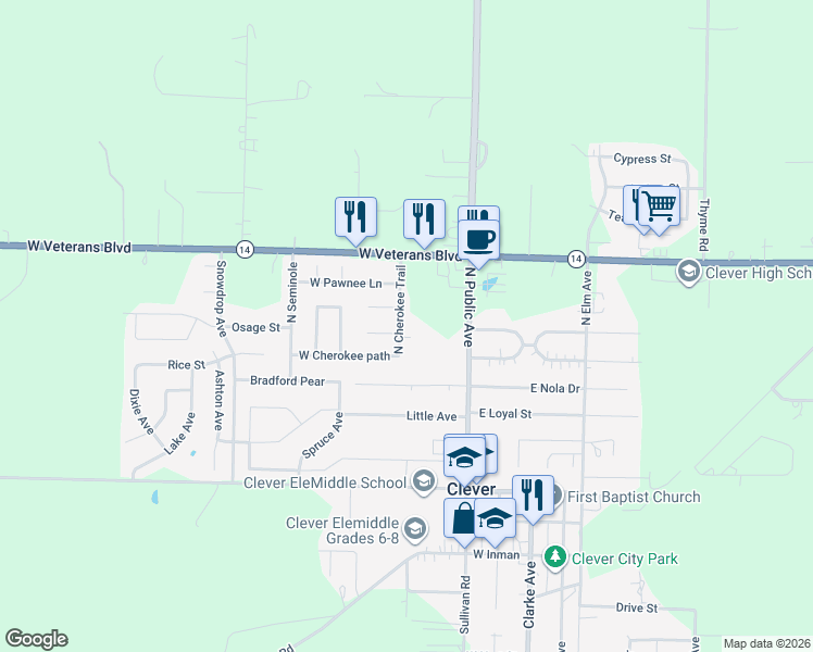 map of restaurants, bars, coffee shops, grocery stores, and more near 312 North Cherokee Trail in Clever