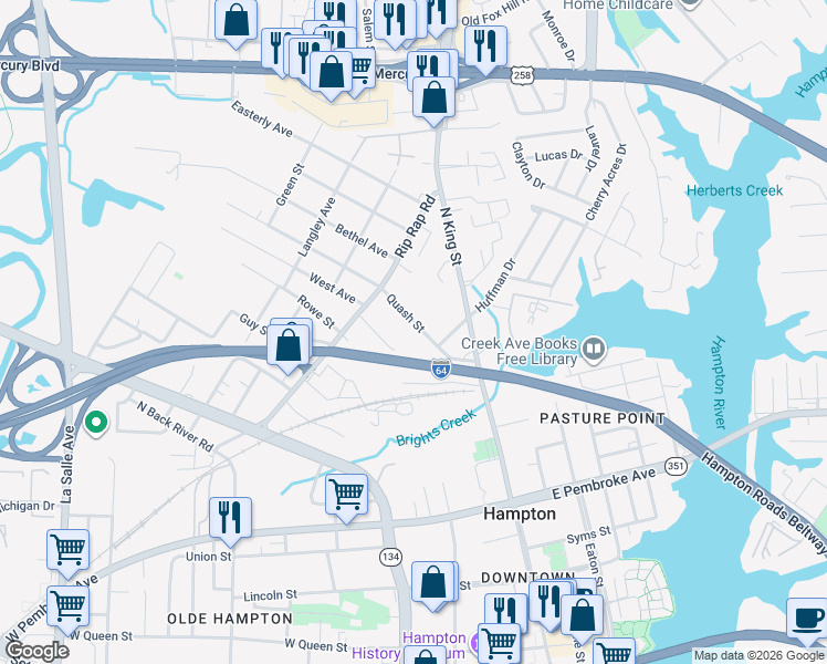 map of restaurants, bars, coffee shops, grocery stores, and more near 920 Mason Street in Hampton