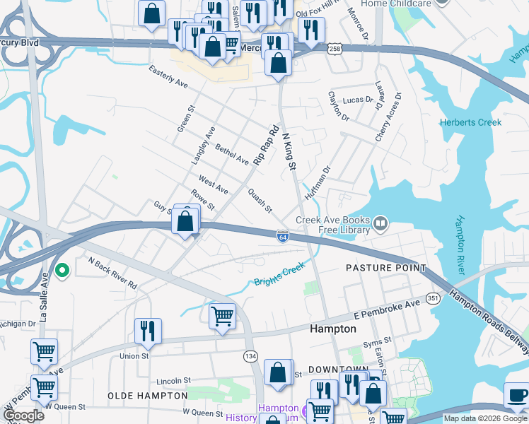 map of restaurants, bars, coffee shops, grocery stores, and more near 920 Mason Street in Hampton