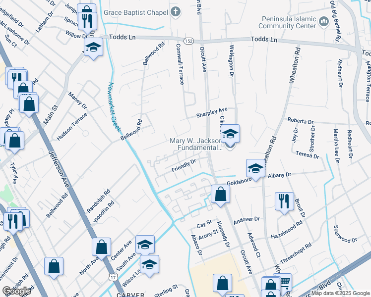 map of restaurants, bars, coffee shops, grocery stores, and more near 153A Kathann Drive in Hampton