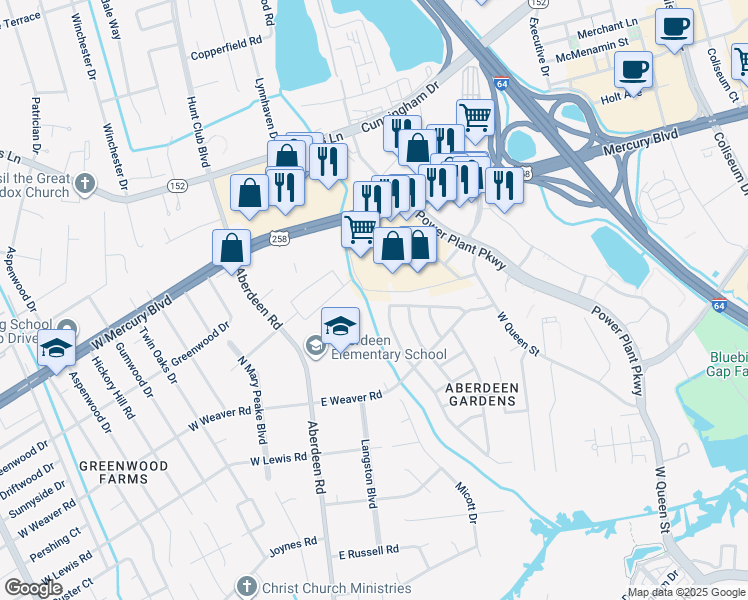 map of restaurants, bars, coffee shops, grocery stores, and more near 95 Jordan Drive in Hampton