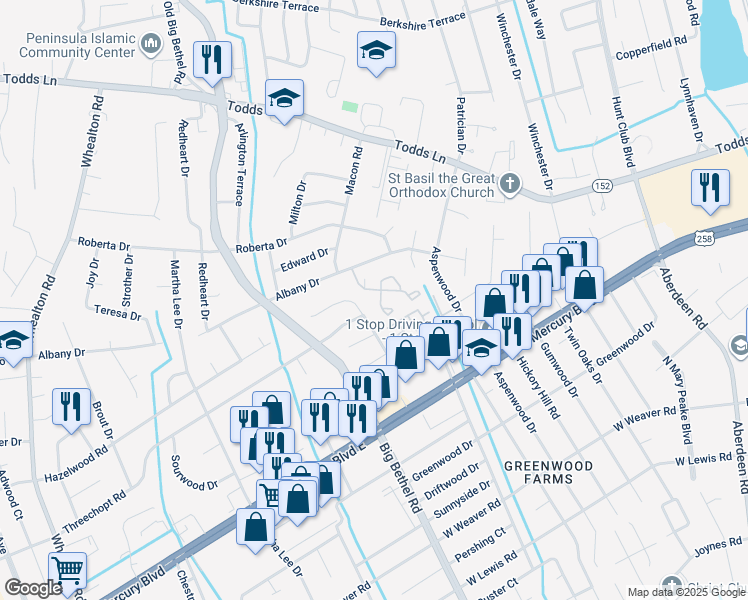 map of restaurants, bars, coffee shops, grocery stores, and more near 6 Lyford Key in Hampton